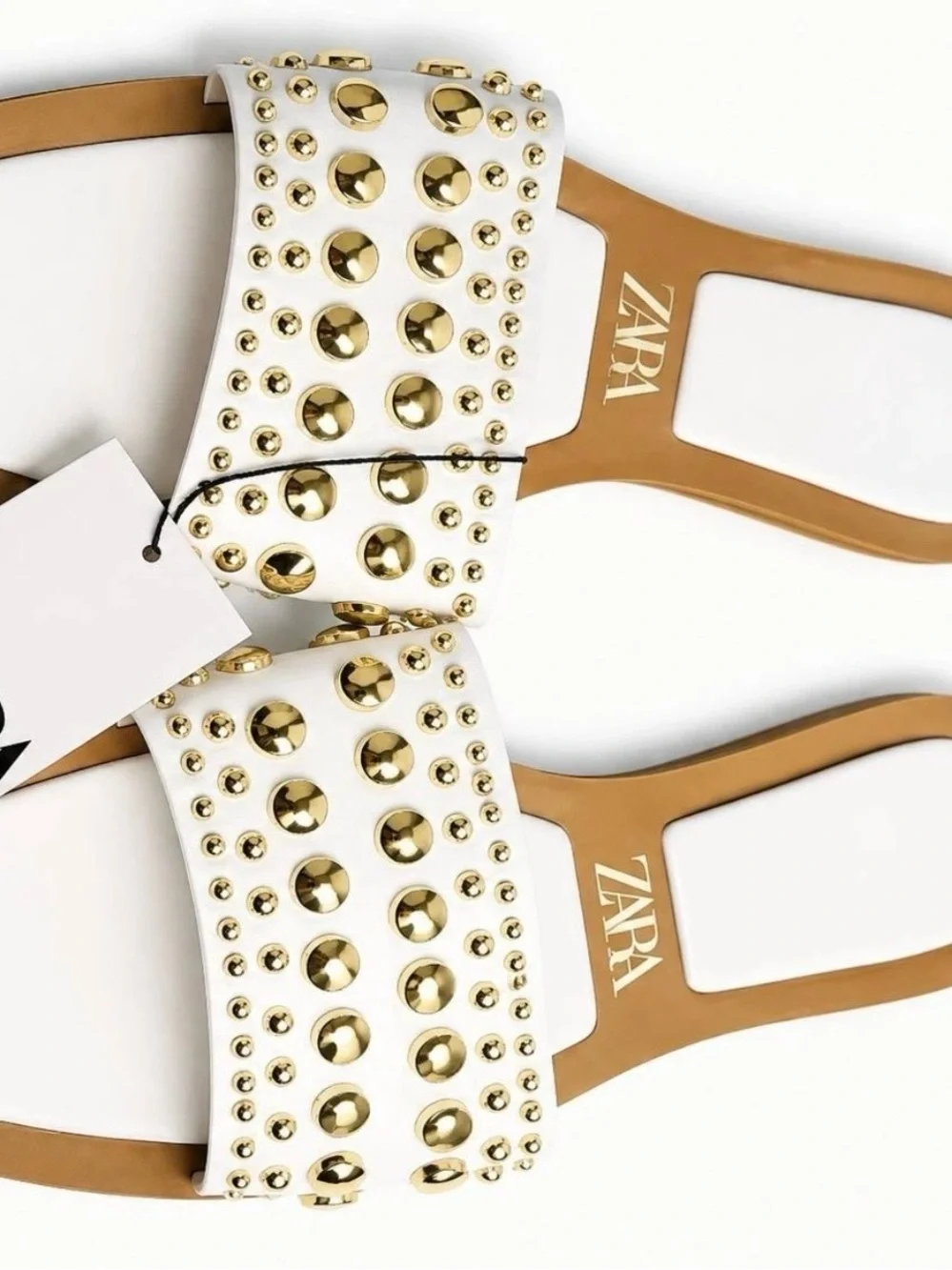 ZARA White Slide Sandals with Gold Stud Embellishments